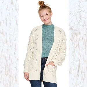 SO Cream Crochet Open Cardigan with Pockets